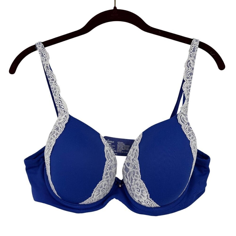 Soma Embraceable Full Coverage Underwire Bra Size 34C Blue White Lined Lace Trim